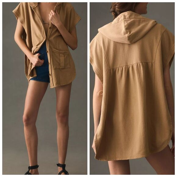 PILCRO Side Tie Button Front Poncho Women S / M Lagenlook Oversized Hooded Vest - Picture 1 of 13